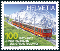Почтовая марка, посвященная 100-летию железных дорог Юнгфрау